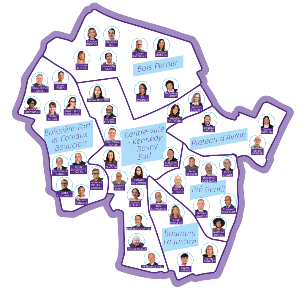 Carte des quartiers de Rosny-sous-Bois avec la répartition des colistiers de la liste En avant Rosny pour les élections municipales 2026.